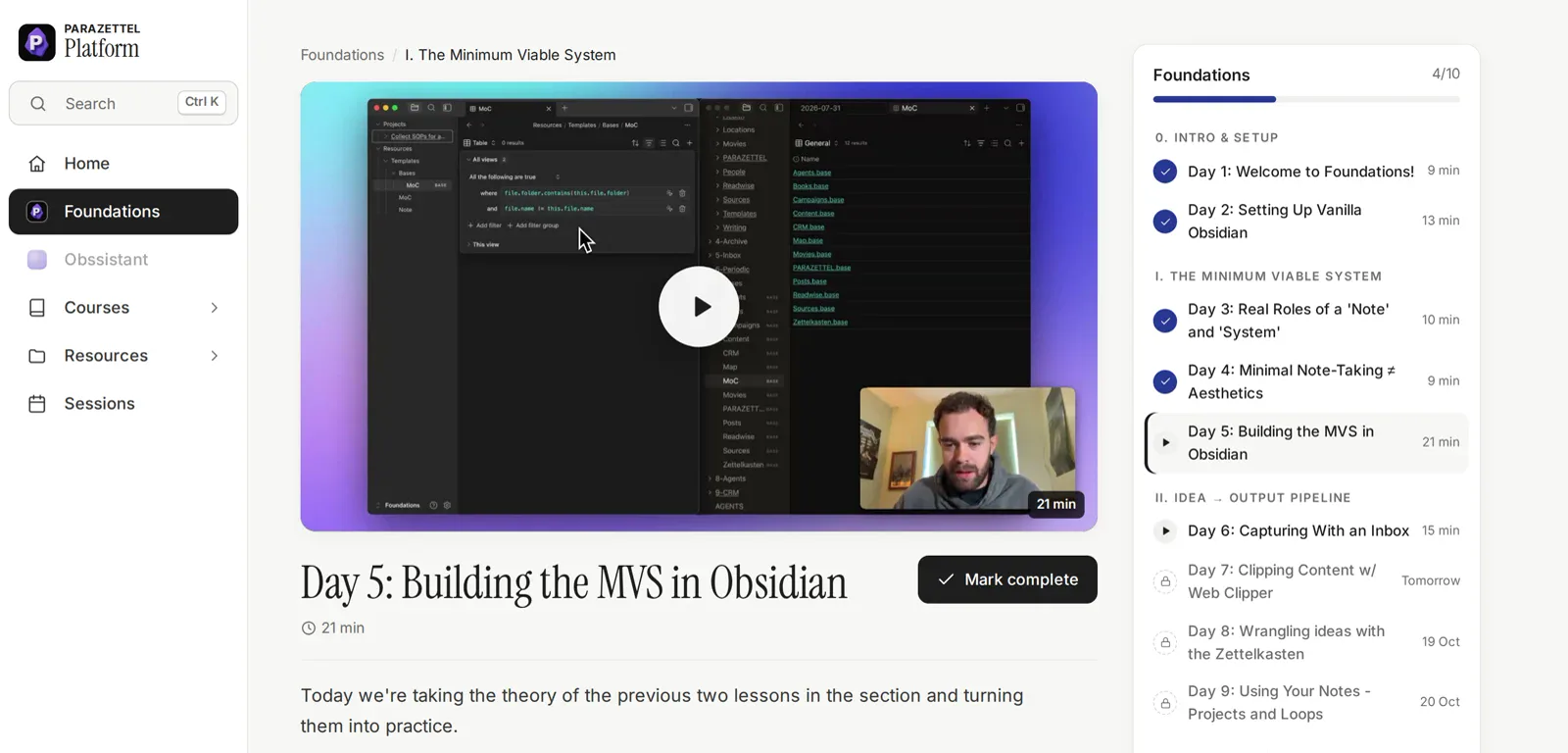 A Foundations lesson on the PARAZETTEL Platform: the Day 5 video, a mark-complete button and the full lesson list from Day 1 to Day 10.